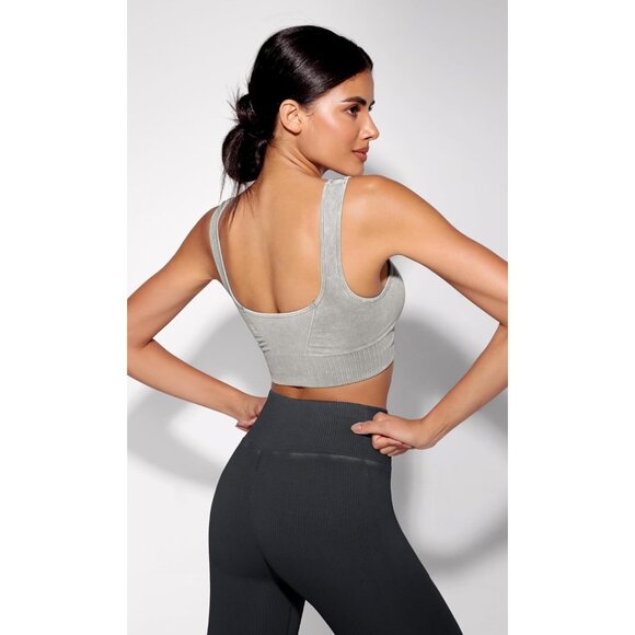 Women's Stone Washing Grey Square Neck Low Back Ribbed Cropped Sports Bra - Picture 2 of 5